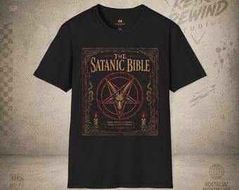 Maglietta con la Bibbia Satanica / Grafica di copertina del libro con il pentagramma occulto