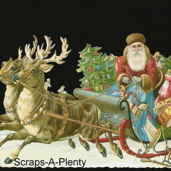 Troquelado de estilo vintage alemán en relieve - Trineo navideño grande de Papá Noel y renos BK5022 (Serie BK)