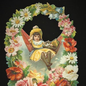 Recorte de sucata estilo vintage em relevo alemão - flores grandes, criança sentada na rede BK5085 (série BK)