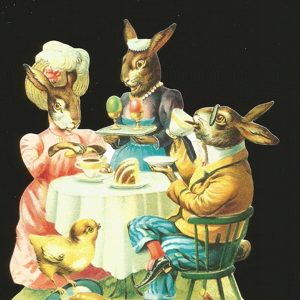 German Embossed Vintage Style Scrap Die Cut Relief - Large Easter Bunny Tea Party BK5113   (BK Series)