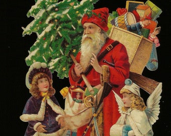 Recorte troquelado de estilo vintage alemán en relieve: gran árbol de Navidad de Papá Noel, juguetes, niño y ángel BK5155 (Serie BK)