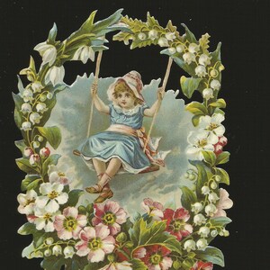 Recorte de papel vintage em relevo alemão - Criança grande balançando em flores da primavera BK5005 (série BK)