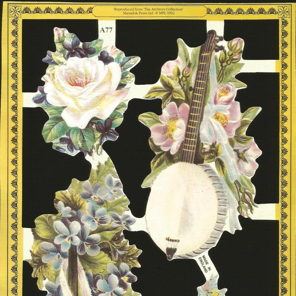 Mamelok English Embossed Vintage Style Scrap Die Cut Relief - Flowers Roses & Musical Instruments (The Archives Collection) A77