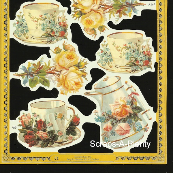 Mamelok English Embossed Scrap Die Cut - Old Fashioned Designed Tea Pots, Cups & Roses A167