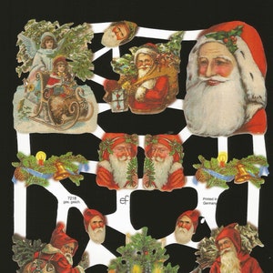 Recorte em relevo estilo vintage alemão - Árvore de Natal, Papai Noel, crianças andando de trenó EF7218