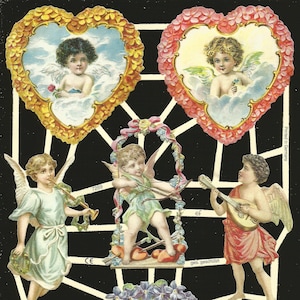 Recorte em relevo estilo vintage alemão - anjo, cupido e corações dia dos namorados EF7269