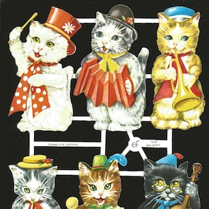 German Embossed Scrap Die Cut Relief - Kittens / Cats Musical Instruments EF7043