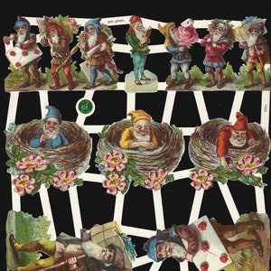 German Embossed Vintage Style Scrap Die Cut - Adorable Colorful Cartoon Gnomes  EF7423 (New Design For 2023)