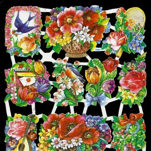 Recorte de retalhos em estilo vintage em relevo alemão - pássaros azuis, rosas, flores, dia dos namorados EF7001