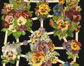 German Embossed Vintage Style Scrap Die Cut Relief - Colorful Purple Pansies / Flowers EF7422