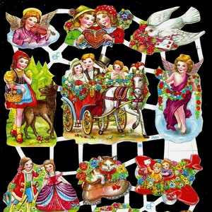Recorte em relevo estilo vintage alemão - Flores de anjo, pomba, amor, dia dos namorados, crianças EF7004