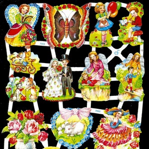 Recorte em relevo estilo vintage alemão - Anjos, borboletas, crianças e flores EF7003