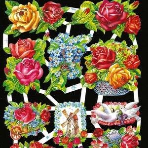 Recorte em estilo vintage em relevo alemão - Rosas ousadas, pombas, amor, moinho de vento, flores EF7006
