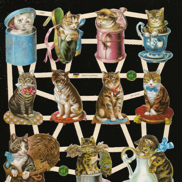 German Embossed Vintage Style Scrap Die Cut Relief - Kittens / Cats in Containers EF7360