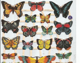 May include: A collection of colorful butterfly cutouts, each with intricate details and unique patterns. The butterflies are arranged in a grid pattern on a white background. The text "ges. gesch." is visible in the top right corner.