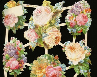 German Embossed Vintage Style Scrap Die Cut Relief  - Bright Colorful Roses / Flowers WOW EF7434