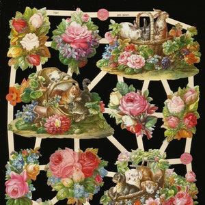 Recorte em relevo estilo vintage alemão - rosas, gatinhos, pássaros, filhotes, pombos, coelhos EF7391