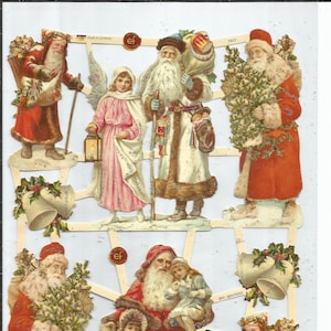 Recorte em metal estilo vintage com glitter prateado em relevo alemão - Papai Noel, anjo e crianças EF7417G