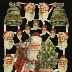 Relevo em relevo vintage alemão - Papai Noel e sinos de Natal EF7220