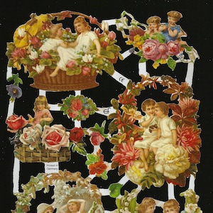 Troqueles de corte en relieve de estilo vintage alemán: niños vestidos a la usanza victoriana, flores y estaciones EF7189