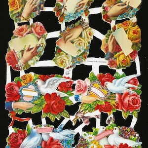 Recorte em relevo estilo vintage alemão - Pombas, rosas, amor e dia dos namorados EF7093