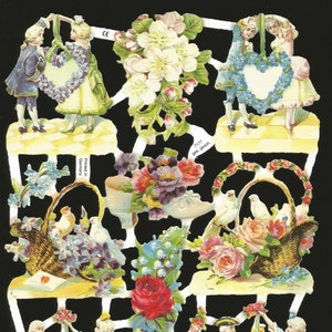 Recorte em estilo vintage em relevo alemão - Dançarinas vitorianas com corações e flores Pomba EF7177