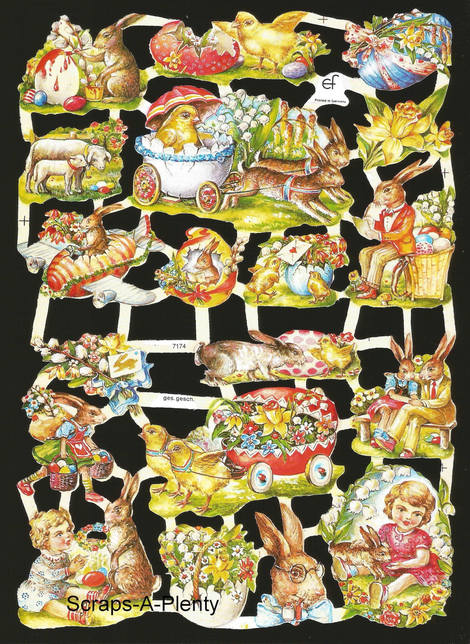 German Embossed Embossed Scrap Die Cut Relief - Easter Egg Bunny & Children EF7174