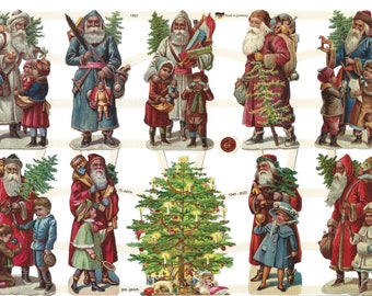 German Embossed Vintage Style Scrap Die Cut - Christmas Santa, Christmas Tree & Children  EF7437 (New Design For 2023)
