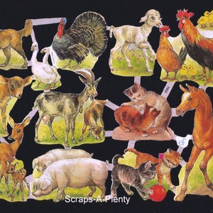 Troqueles de estilo vintage en relieve alemán: animales de granja: potro, gatito, cerdo, cabra, ciervo, oveja, etc. EF7053