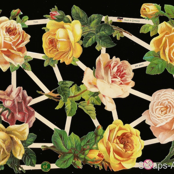 German Embossed Vintage Style Scrap Die Cut Relief - Stunning Yellow Roses / Flowers EF7346