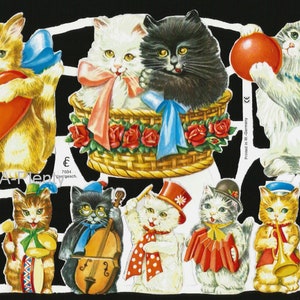 Recorte em relevo estilo vintage alemão - Instrumentos musicais de gatinhos/gatos, Dia dos Namorados EF7034