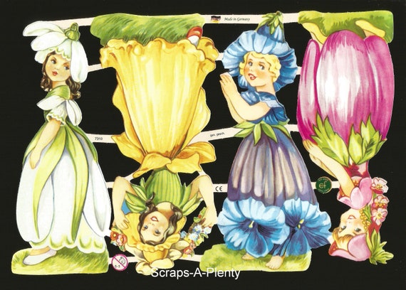 German Embossed Victorian Style Scrap Die Cut Girls EF7309 Flower Children German Embossed Victorian Style Scrap Die Cut Girls EF7309 Flower Children