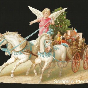 Recorte de sucata de estilo vintage em relevo alemão - Trenó de cavalos de anjo de Natal e brinquedos BK5126 (série BK)