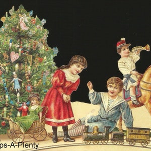Rilievo in rilievo in stile vintage tedesco - Grande albero di Natale, bambini, trenino giocattolo BK5180 (serie BK)