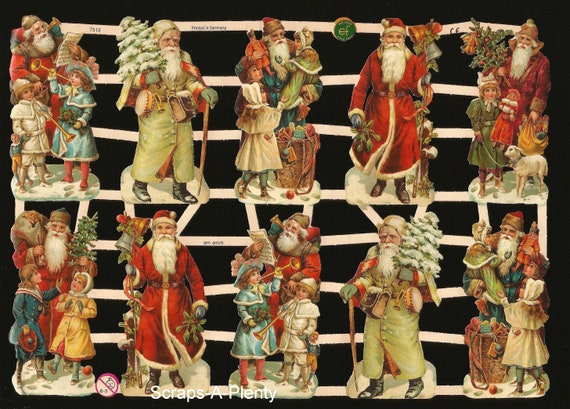 German Embossed Vintage Style Scrap Die Cut Relief  - Lots of Christmas Santa's  EF7313