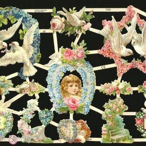 Troquelado de estilo vintage alemán en relieve - Palomas blancas, pájaros, amor, San Valentín EF7233