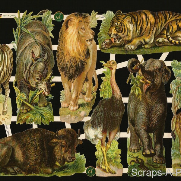German Embossed Vintage Style Scrap Die Cut Relief - Wild Animals Zebra Lion Tiger Elephant Rhino EF7386