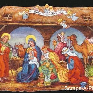 Ernst Freihoff mbh tedesco goffrato stile vintage rottami fustellati in rilievo - grande scena della mangiatoia di Natale Gesù religioso BK5036 (serie BK)