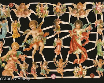 May include: A vintage sheet of paper cutouts featuring angels with floral accents. The angels are dressed in white, red, and blue clothing. The paper is decorated with a white web-like pattern. The text "Scraps-A-Plenty" is printed at the bottom of the sheet.