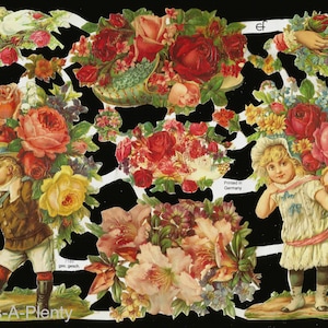 Recorte de retalhos em estilo vintage com relevo alemão - Flores, pombas e crianças EF7185