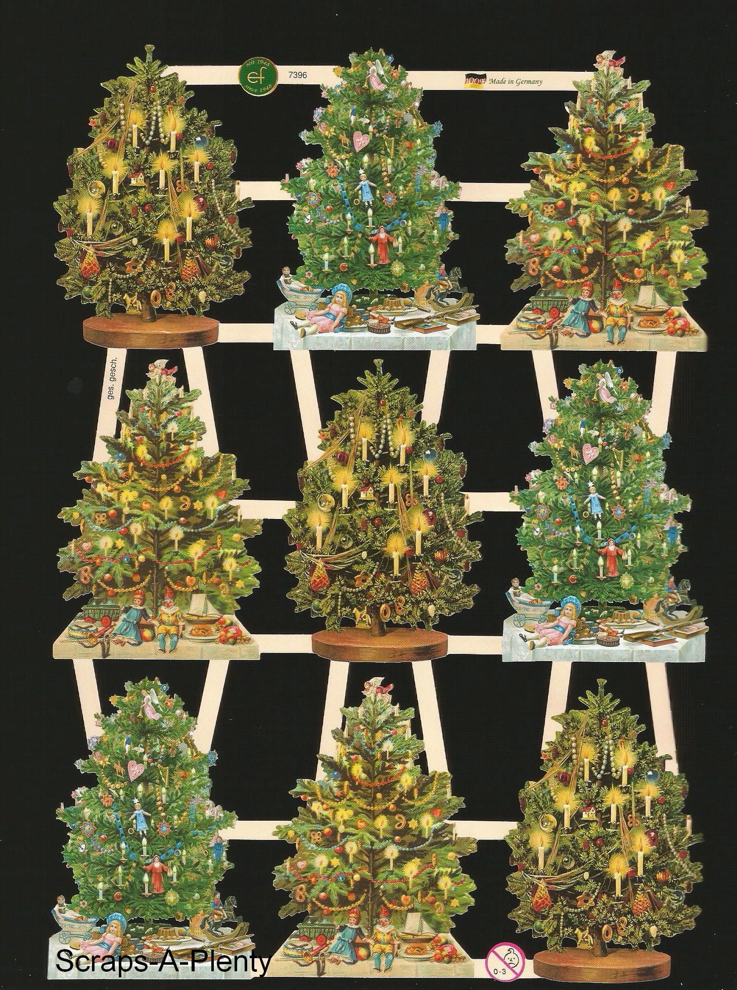 German Embossed Vintage Style Scrap Die Cut - Beautiful Christmas Trees EF7396