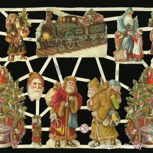 Troquelado de estilo vintage en relieve alemán: tren de juguete de Papá Noel para Navidad EF7243
