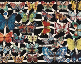 May include: A sheet of colourful butterfly stickers with a black background. The butterflies are arranged in a grid pattern and have various colours, including red, blue, green, yellow, and orange. The stickers are made in Germany.