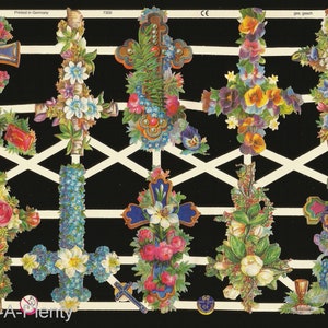 Relieve troquelado de estilo vintage alemán - Cruz religiosa de Pascua y Navidad con flores EF7300