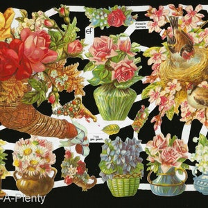 Relevo em relevo estilo vintage alemão - flores em vasos, cornucópia, pássaro e ninho EF7186