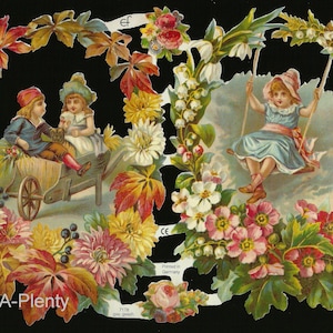 Troquelado en relieve de estilo vintage alemán: niños victorianos enmarcados y balanceándose entre flores EF7178