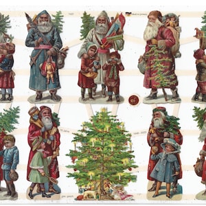 Alemão em relevo PRATA GLITTER estilo vintage sucata cortada - Papai Noel e árvore de Natal EF7437G
