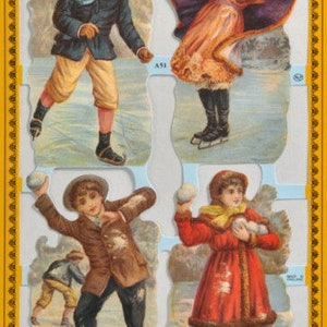 Mamelok Engelse reliëf Victoriaanse stijl gestanst schroot - Victoriaans geklede kinderen schaatsen, sneeuwballen gooien (The Archives Coll.) A51