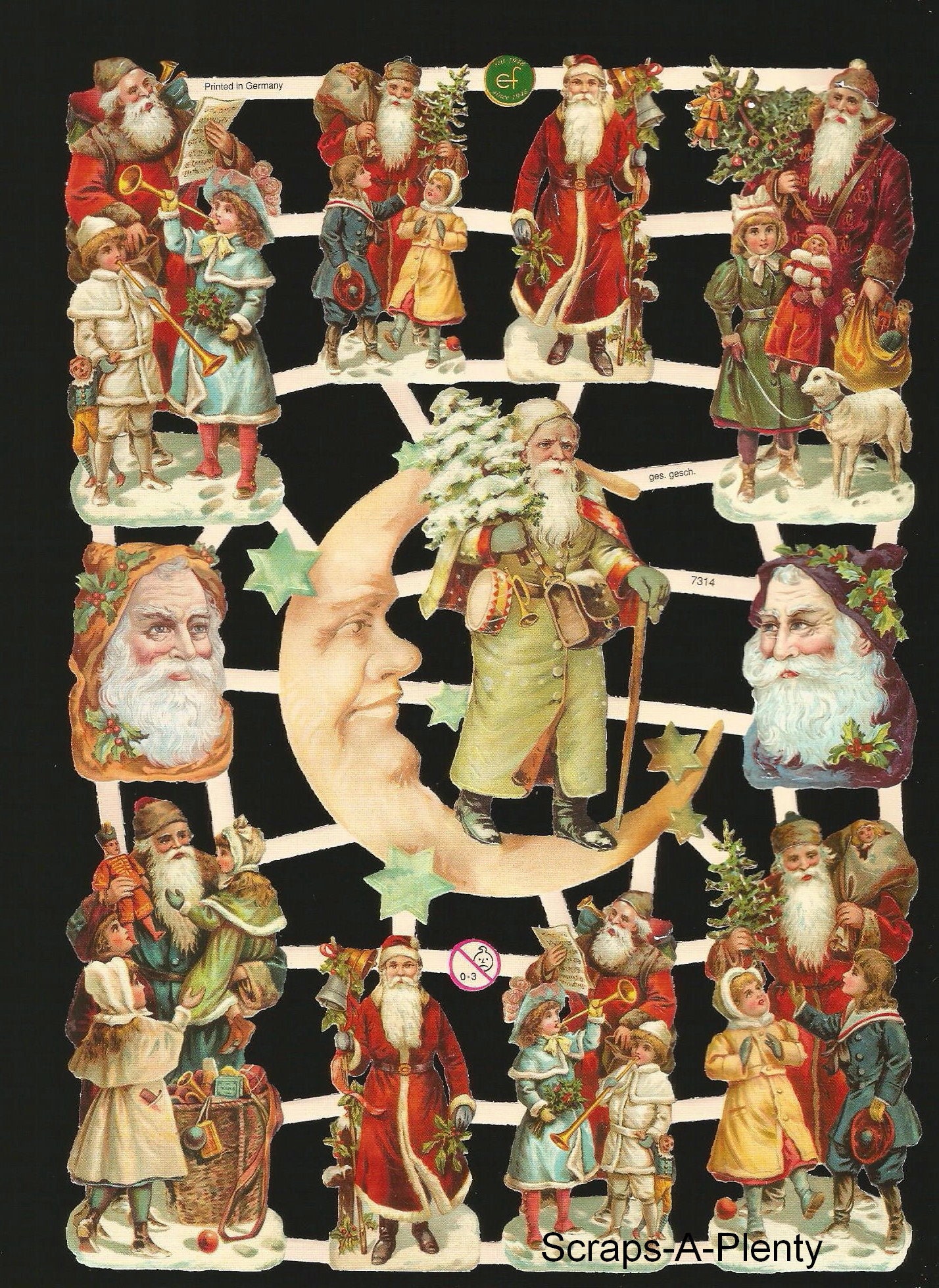German Embossed Vintage Style Scrap Die Cut Relief - Christmas Santa Moon  EF7314
