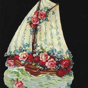 Duitse reliëf vintage stijl schroot gestanst - grote met valentijnsroos bedekte zeilboot BK5004 (BK-serie)